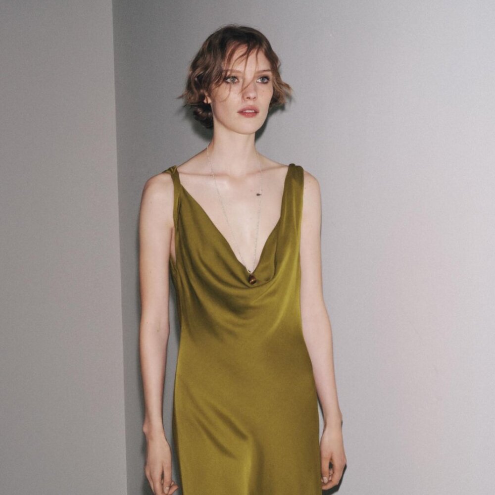 ZW COLLECTION SATIN LONG DRESS - OLIVE GREEN